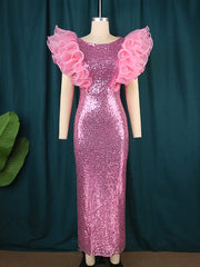 Pink Sequin Puff Sleeve Bodycon Dress Women Ruffle Sparkly Elegant Evening Party Fashion