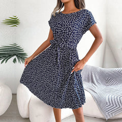 High Waist Floral Print Pleated Dress Women Short Sleeve Casual Spring Summer Fashion Dress