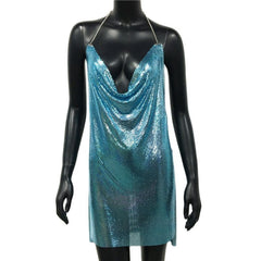 Metal Mesh Backless Mini Dress Women Shiny Split Short Elegant Club Party Fashion Dress