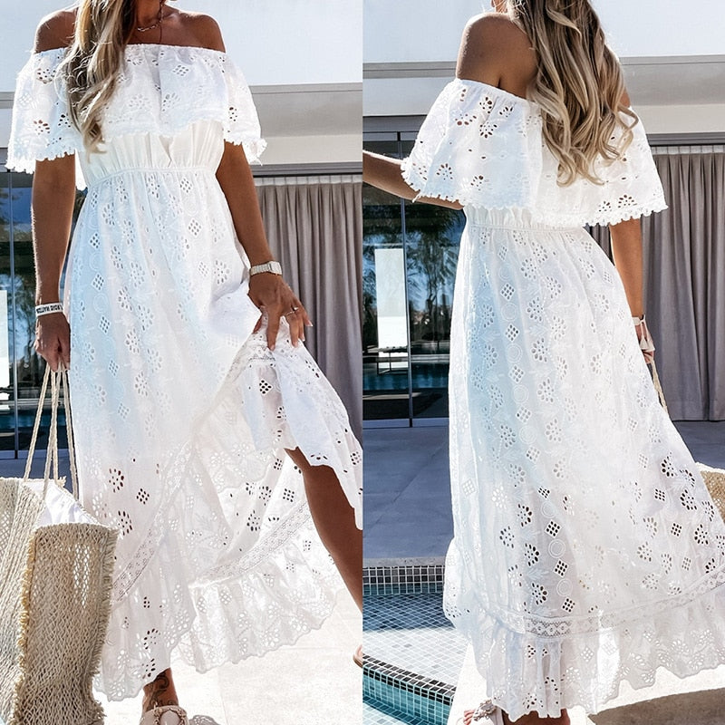 Off Shoulder Lace Ruffle Maxi Dress Women Boho Short Sleeve Long White Off Shoulder Lace Ruffle Maxi Dress Women Boho Short Sleeve Long White