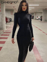 Long Sleeve Bodycon Midi Dress Women Black Elegant Party Casual Chic Fashion Dress