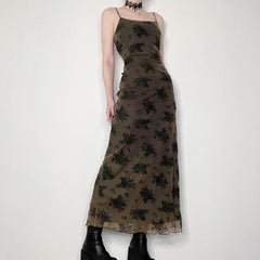 Fairycore Mesh Maxi Dress Women Printed Goth Party Long Casual Elegant Fashion Dress