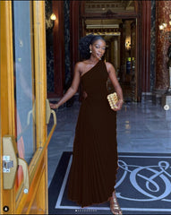 Women's One Shoulder Pleated Satin Maxi Dress