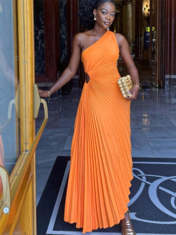 Orange One Shoulder Satin Maxi Dress Pleated Formal Wedding Guest Asym