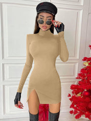 Women Spring Autumn Long Sleeve Bodycon Black Mini Dress With Slit