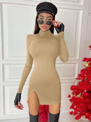 Long Sleeve Bodycon Mini Dress Women Black Slit Elegant Casual Spring Autumn Fashion Dress