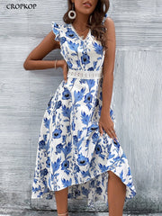 Floral Print Lace Stitch Maxi Dress Women Hollow Irregular Hem Elegant Casual Summer Fashion