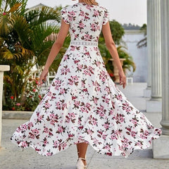 Floral Print V-Neck Midi Dress Women Loose Mid Waist Casual Beach Vacation Spring Summer