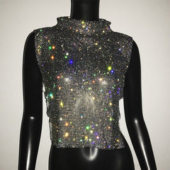 Rhinestone Glitter Turtleneck Crop Top Women Sparkly Elegant Party Club Fashion Top
