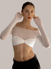 Off Shoulder Sheer Mesh Crop Top Women Short Knit Casual Summer Fashion Top