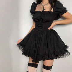 Lace-Up Gothic Puff Sleeve Mini Dress Women Square Collar Punk Casual Streetwear Fashion