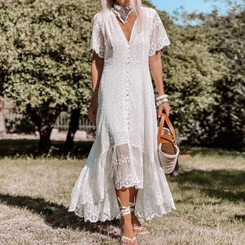 Boho White Lace Maxi Dress Women Floral Rustic Elegant Wedding Guest Summer Fashion