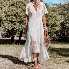 Boho White Lace Maxi Dress Women Floral Rustic Elegant Wedding Guest Summer Fashion