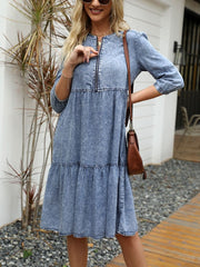 Denim Midi Dress Women Vintage Knee-Length Solid Color Casual Elegant Fashion Dress