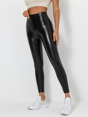 High Waist Faux Leather Scrunch Butt Leggings Women Vegan Yoga Gym Workout Casual Fashion