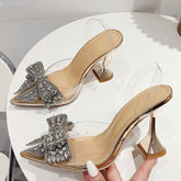 Crystal Bow Pumps, Slip-on Rhinestone Heels, Clear Pumps