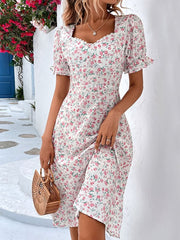 Floral Print Puff Sleeve Midi Dress Women V-Neck Casual Beach Vacation Summer Fashion Dress