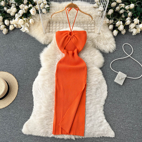 Halter Knit Bodycon Dress Women Cut Out Split Off Shoulder Backless Party Club Fashion
