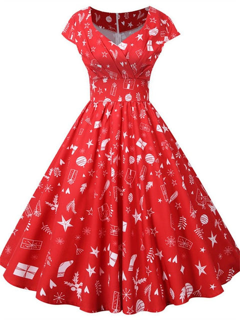 High Waist Print Midi Dress Women Casual Elegant Retro V-Neck Short Sleeve Holiday Fashion