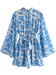 Peacock Floral Print Boho Jumpsuit Women Long Sleeve Backless Beach Vacation Casual Fashion