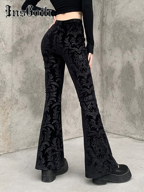 High Waist Flare Bootcut Pants Women Retro Floral Printed Gothic Streetwear Autumn Winter Fashion
