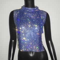 Rhinestone Glitter Turtleneck Crop Top Women Sparkly Elegant Party Club Fashion Top