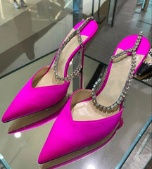 Women's High Heel Pumps Rhinestone Chain Ankle Strap Shoes