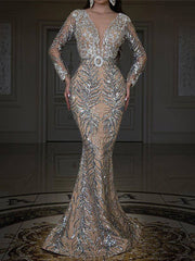 V-Neck Sequin Lace Mermaid Dress Women Elegant Wedding Guest Prom Evening Fashion Dress