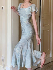 Lace-Up Mermaid Maxi Dress Women Elegant Short Sleeve Slim Party Evening Fashion Dress