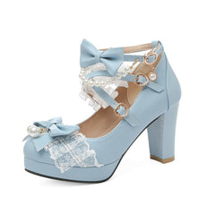 Pearl Bow Cross Strap High Heel Shoes Women Japanese Lace Chunky Casual Fashion