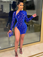 Long Sleeve Velvet Bodycon Mini Dress Women Sheer Zipper Elegant Club Party Fashion Dress