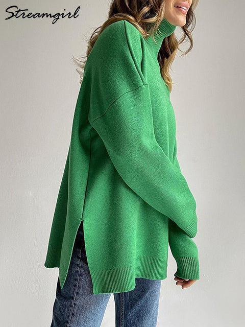 Turtleneck Side Split Sweater Women Oversized Soft Warm Pullover Casual Winter Fashion Top