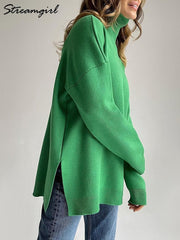 Turtleneck Side Split Sweater Women Oversized Soft Warm Pullover Casual Winter Fashion Top