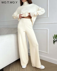 Turtleneck Sweater & Wide Leg Pant Set Women 2-Piece Knitted Warm Elegant Casual Fashion Outfit