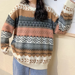 Retro Academia Knit Pullover Sweater Women Loose Korean Style Vintage Casual Winter Fashion