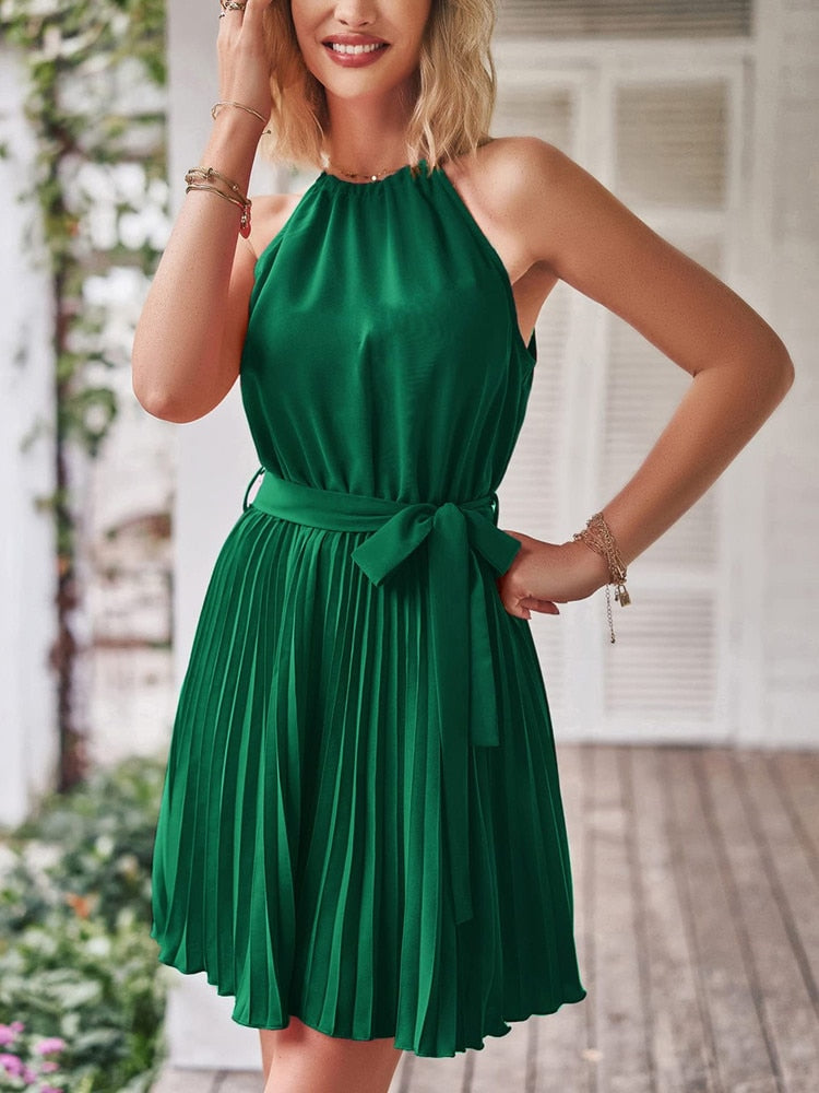 Halter Neck Pleated Midi Dress Women Belt Casual Elegant Beach Vacatio Halter Neck Pleated Midi Dress Women Belt Casual Elegant Beach Vacatio