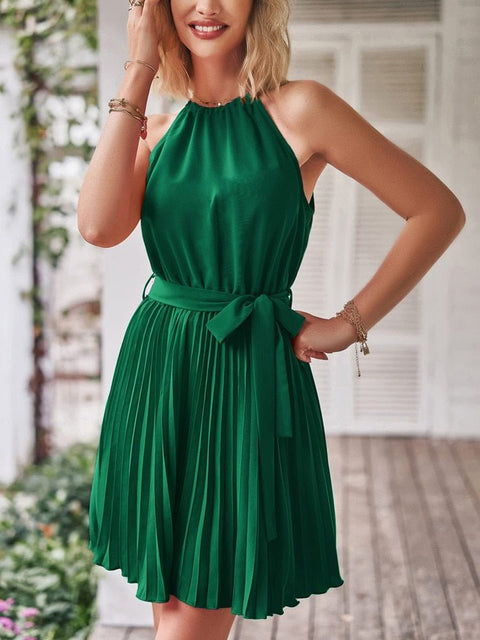 Halter Neck Pleated Midi Dress Women Belt Casual Elegant Beach Vacation Summer Fashion