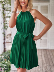 Halter Neck Pleated Midi Dress Women Belt Casual Elegant Beach Vacation Summer Fashion