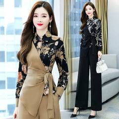 Spliced Print Blouse & Wide Leg Pant Set Women 2-Piece Casual Elegant Fashion Outfit