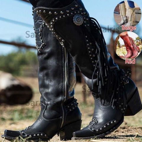 Vintage Tassel Cowboy Boots Women Knight Style Casual Elegant Fashion Shoes