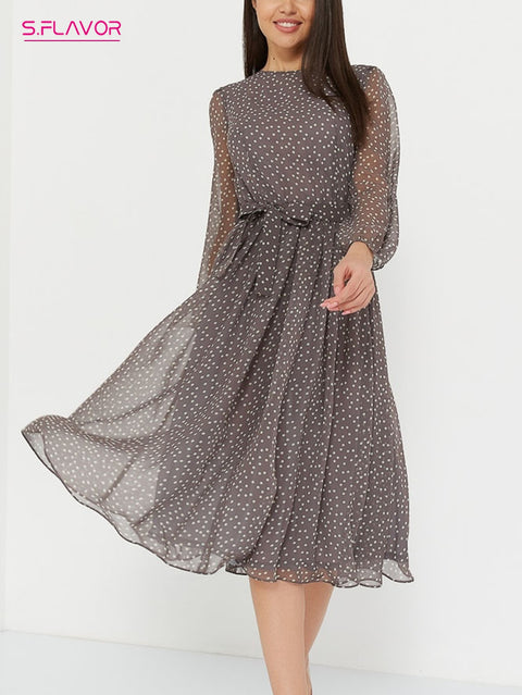 Long Sleeve Polka Dot Print Chiffon Midi Dress Women Elegant Casual Party Fashion Dress