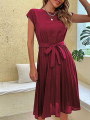 Pleated Short Sleeve Midi Dress Women Casual Beach Vacation Summer Sundress Fashion