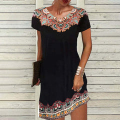 Floral Print Summer Dress Women Short Sleeve Round Neck Casual Beach Vacation Fashion Dress