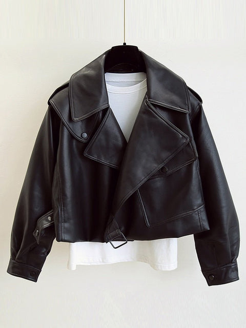 Faux Leather Biker Jacket Women Turndown Collar Loose Casual Streetwear Outerwear Fashion