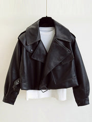 Faux Leather Biker Jacket Women Turndown Collar Loose Casual Streetwear Outerwear Fashion
