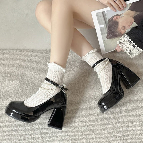 Platform Pumps Women Vintage Chunky High Heel Pearl Chain Ankle Strap Elegant Fashion Shoes