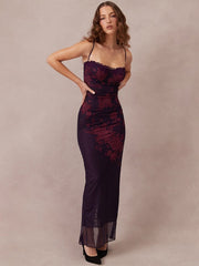 Floral Print Mesh Maxi Dress Women Spaghetti Strap Elegant Evening Party Fashion Dress