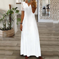 Floral Print Lace Patchwork Maxi Dress Women Short Sleeve V-Neck Casual Beach Vacation Summer