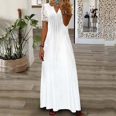 Floral Print Lace Patchwork Maxi Dress Women Short Sleeve V-Neck Casual Beach Vacation Summer
