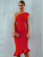 One Shoulder Open Back Ruffle Midi Dress Women Slim Elegant Party Casual Fashion Dress